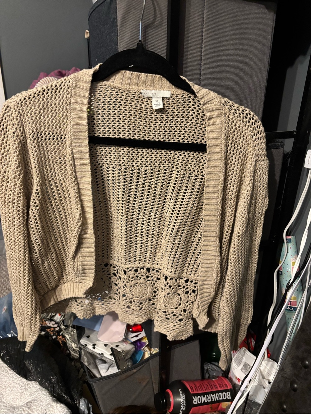 Open-Front Crochet Hem Women's Cardigan in Light Beige